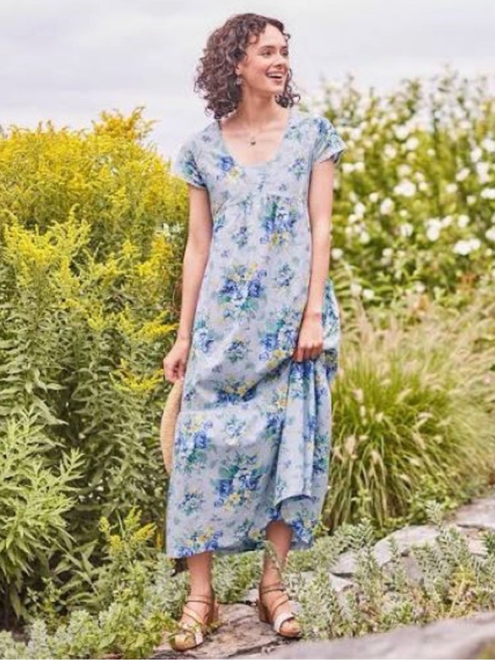 April Cornell Blue Floral Scoop-Neck Maxi Dress